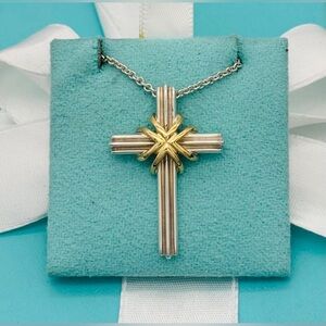 💎 Tiffany & Co. Cross Retired YG SS Cross Necklace w/Dust bag Size 18”